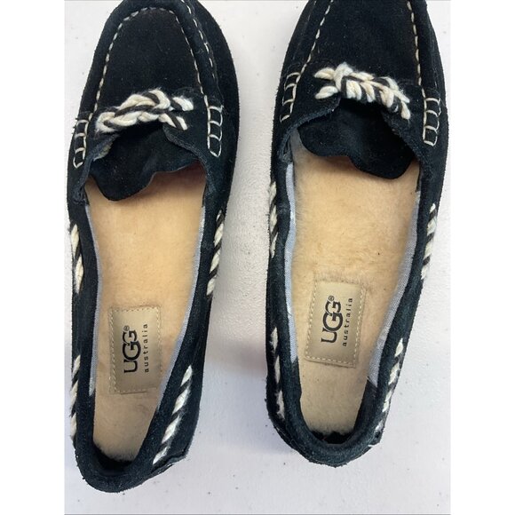 UGG Genoa Moccasin Shoes Women's 6 Black Suede Shearling Driving Loafer Slippers - Picture 7 of 10
